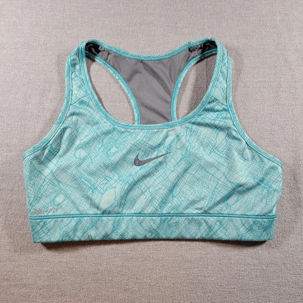 Nike Sports Bra Womens L Teal Good Dri-FIT Racerback Abstract Print Workout